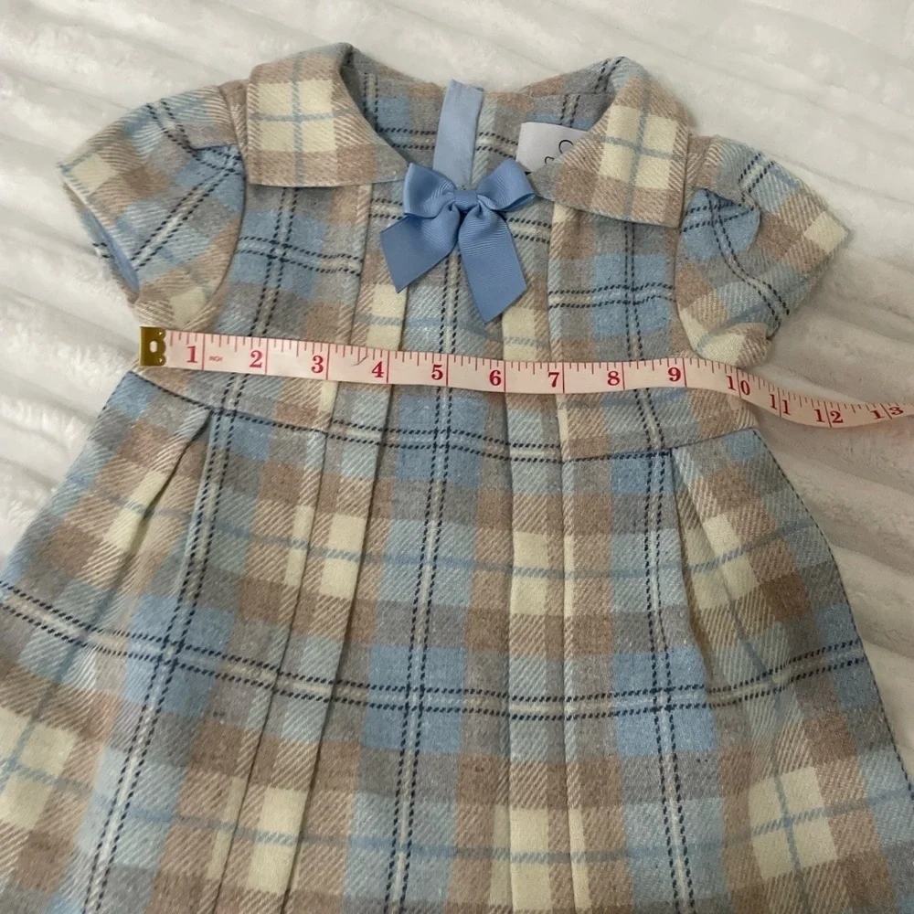 Chickeeduck Classic Plaid Bow-Accent Kids Dress in Blue and Cream